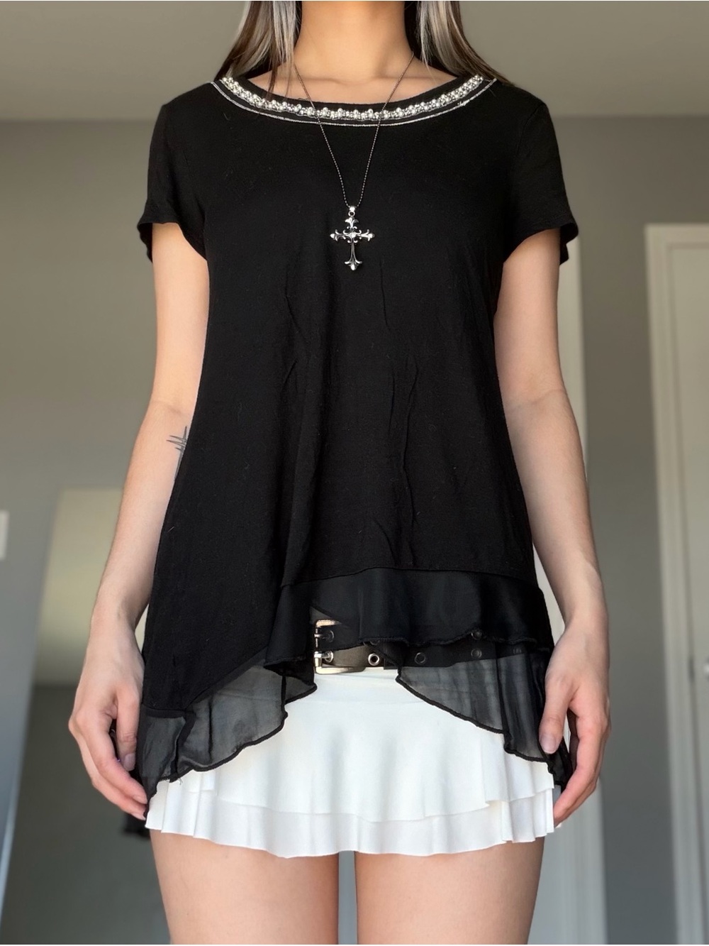 Vintage Suzie Black Short Sleeve Long Length Tunic Pearl Embellished Neckline